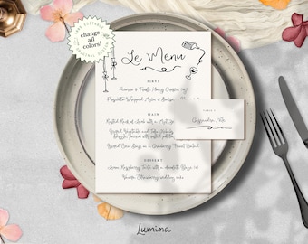 MENU & PLACE CARD Template, vintage handwritten wedding menu, chic french cafe inspired, hand drawn whimsical, candle wine illustrations W3