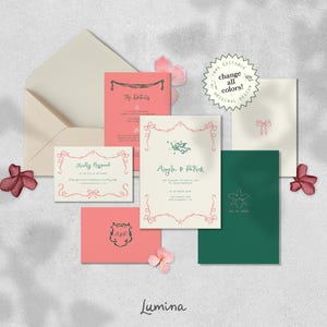 HOCHZEITS-EINLADUNGS-SET mit rsvp, märchenhaften bunten Illustrationen, wunderliche Hand gezeichnete Reihe, Vintage französisch inspiriert, schickes Rosa und Grün