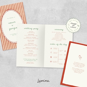 Könnte beinhalten: Hochzeitspapeterie-Set mit einer gestreiften Einladung, einem Programm und einer Dankeskarte. Die Einladung hat einen ovalen Rahmen mit Namen und Datum. Das Programm listet die Hochzeitsgesellschaft und Zeremoniedetails auf. Die Dankeskarte hat ein Herz.