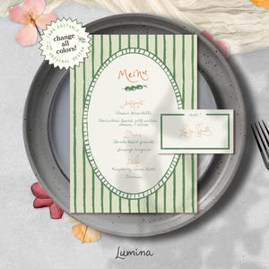 Sjabloon GESTREEPT MENU, grillige handgeschreven plaatskaart, Frans-Italiaans geïnspireerd, retro groene strepen, vintage handschrift, trouwmenu