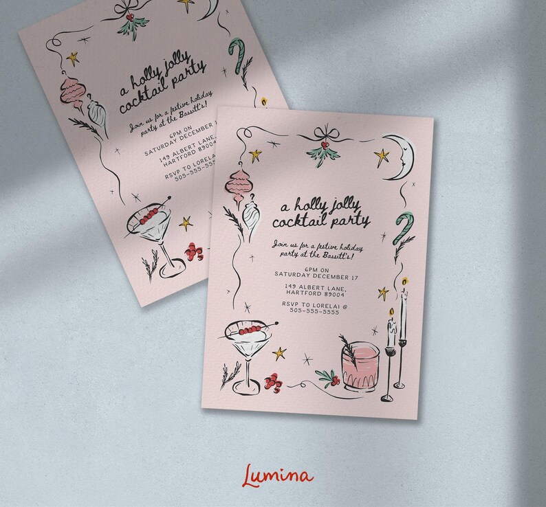 HOLIDAY PARTY INVITE Template, hand drawn Christmas cocktail party, whimsical scribble illustrations, colorful invitation, festive, cute image 6