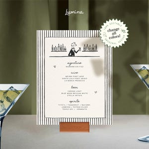 May include: A printable wedding drink menu with a black and white striped background. The menu lists signature drinks, wine, beer, and spirits. The text "Lumina" is at the top of the menu.