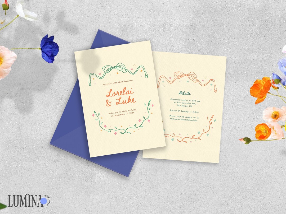 WEDDING INVITATION All in One Template, Hand Drawn Whimsical Bow