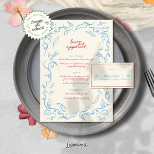 Modèle de menu dessiné à la main, vignes fantaisistes, marque-place sous tente, bordure florale, gribouillis originaux, bleu et rouge, papeterie de mariage illustrée