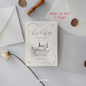 May include: A wedding invitation with a black and white illustration of a building with a cursive font that says "Laura & Sergio" and "Are pleased to invite you to their wedding May 12th 2023 Villa del Balbianello Lake Como, Italy" with the text "Ready in just 3 Days" in red font.