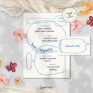 MENU & PLACE CARD template, funky hand drawn doodles, tented name card, quirky illustration, wedding, unique playful stationary, editable
