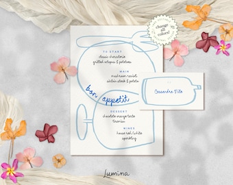 MENU & PLACE CARD template, funky hand drawn doodles, tented name card, quirky illustration, wedding, unique playful stationary, editable