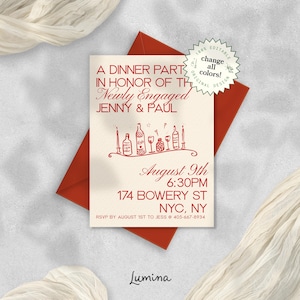 ENGAGEMENT PARTY INVITATION template, hand drawn dinner party, funky digital invite, wine and olives illustration, chic red modern quirky