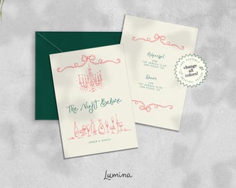 May include: Wedding invitation suite featuring a green envelope and two cream-colored cards. The cards have pink and teal illustrations and text, including a chandelier, bow, and the words "The Night Before." The design includes the names "Amber & Daniel."