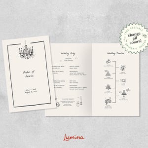 結婚式プログラム テンプレート、ビンテージ手書き、気まぐれな式次第イラスト、結婚式のタイムライン ブックレット、アールデコ | CL3