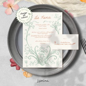 MENÜ & PLACE CARD Vorlage, handgezeichnetes florales Hochzeitsmenü, Platzkarte, französisch inspirierte, handgeschriebene Illustrationen im Scribble-Stil