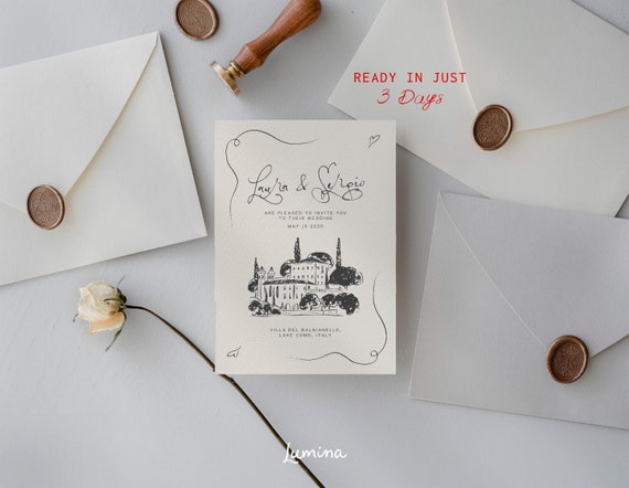 CUSTOM VENUE ILLUSTRATION, wedding venue drawing, bespoke illustration commission, ink, whimsical french inspired  *single color only*