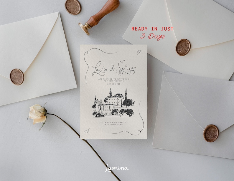 May include: A wedding invitation with a black and white illustration of a building with a cursive font that says "Laura & Sergio" and the text "Ready in Just 3 Days" in red.