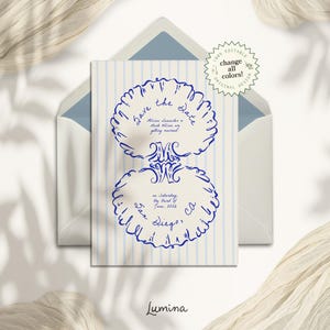 SAVE THE DATE shell template, vintage coastal wedding invitation, whimsical blue hand drawn & handwritten, parisian seashell illustrations