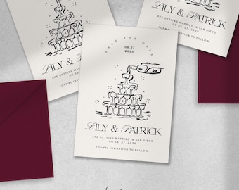 SAVE THE DATE Vorlage für Hochzeitseinladungen, elegante Champagner Turm Illustration, handgezeichnete Vintage inspirierte Hochzeitseinladung | CL3