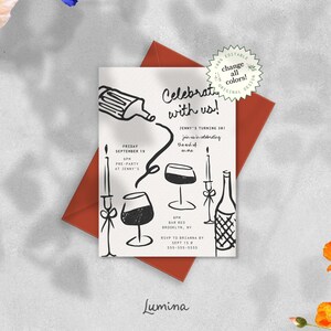 PARTY INVITATION TEMPLATE, handgezeichnete Geburtstagseinladung, funky Wein Zeichnungen, editierbare Verlobungsfeier, handgemacht, Gno Geburtstag
