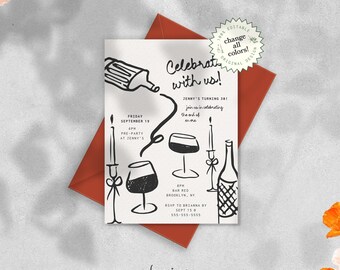 May include: A black and white illustration of wine glasses, a bottle of wine, and candles on a white background. The text "Celebrate with us!" is written in black at the top of the invitation. The text "Jenny's turning 30!" is written in black below the illustration. The text "Friday, September 19, 6PM, Pre-Party at Jenny's" is written in black on the left side of the invitation. The text "8PM, Bar Red, Brooklyn, NY, RSVP to Brianna by Sept 15, 555-555-5555" is written in black on the right side of the invitation.