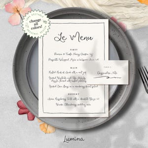 MENÜ- & NAMENS-KARTE Vorlage, handgeschriebenes Hochzeitsmenü in schwarz-weiß | W3
