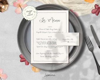 MENU & NAME CARD Template, french inspired handwritten wedding menu, whimsical hand drawn border, elegant quirky black and white | W3