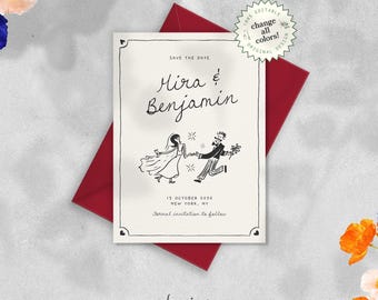 May include: Save the date wedding announcement card with a black and white illustration of a couple dancing. The card is cream colored with black text that reads "Save the Date", "Mira & Benjamin", "13 October 2026", "New York, NY", and "Formal invitation to follow".