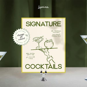 SIGNATURE DRINKS SIGN template, hand drawn cocktails, modern wedding bar menu, bold, green border, editable download, event signage | ruby
