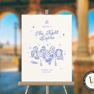 Plantilla de cartel para la cena de ensayo, póster de ensayo de boda original, ilustración de garabatos extravagantes dibujados a mano, borde de inspiración francesa / LM2