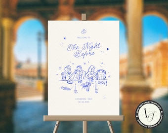 REHEARSAL DINNER SIGN Template, whimsical wedding rehearsal poster, hand drawn quirky scribble illustration, french inspired border | LM2