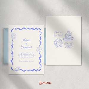 SAVE THE DATE template, beach wedding, whimsical, hand drawn shells, coastal destination wedding, colorful scalloped border | LM2