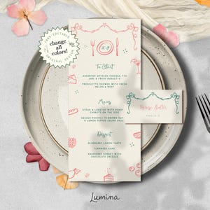 Modelo de MENU e CARTÃO DE LUGAR, casamento inspirado na França, ilustração desenhada à mão de conto de fadas, vitoriano 4x9, banner retrô colorido | LM0