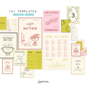 May include: A collection of wedding stationery templates featuring various designs in red, green, and cream. The text includes 15+ TEMPLATES USA/CA SIZES, UNPLUGGED CEREMONY, THE NIGHT BEFORE, LUCY + MATTHEW, WE'RE SO HAPPY YOU'RE HERE, SIGNATURE COCKTAILS, THE BAR, and CARDS AND GIFTS.