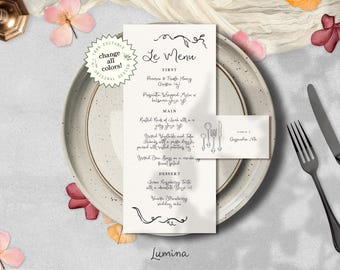 MENU & PLACE CARD Template, chic handwritten wedding menu, whimsical french inspired, hand drawn vines, elegant name card, printable | W3