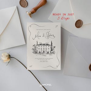 May include: A wedding invitation with a black and white illustration of a house with a cursive font that reads "Alice & Steven" and the text "Ready in Just 3 Days".