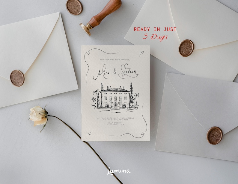 May include: A wedding invitation with a black and white illustration of a house with a cursive font that reads "Alice & Steven" and the text "Ready in Just 3 Days".
