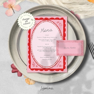 CHIC PINK MENU Template, colorful place card, quirky valentines, whimsical handwritten, French inspired wedding stationary, hand drawn