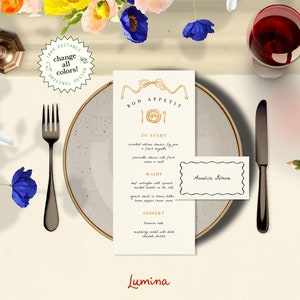 MENU & PLACE CARD Template, bow header, modern whimsical wedding 4x9, retro wavy name card, elegant hand drawn handwritten, quirky | B1