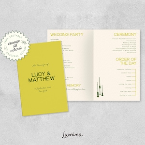 Plantilla de FOLLETO DE CEREMONIA DE BODA, orden de servicio colorido, cronograma de boda audaz, programa plegado en verde, moderno y elegante / rubí