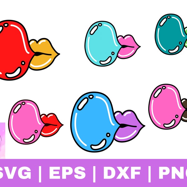 Lips with Bubble Gum Svg, Dxf, EPS, PNG | 6 Colors Bubble Mouth | Instant download | 6 Colores Boca con Goma de mascar | Vector Chicle Mouth