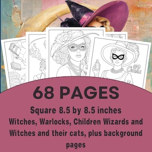 Può includere: Un libro da colorare di 68 pagine con streghe, maghi e stregoni. Formato quadrato di 21,6 x 21,6 cm. La copertina mostra una donna con un cappello da strega. Il testo recita "Witches, Warlocks, Children Wizards and Witches and their cats, plus background pages."