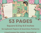 Retro 1950s Coffee Scrapbook  Journal Pages | 53 Digital Papers in Retro Browns, Pinks  Greens | Notes, Recipe Cards, Junk Journals