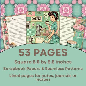 Retro 1950s Coffee Scrapbook  Journal Pages | 53 Digital Papers in Retro Browns, Pinks  Greens | Notes, Recipe Cards, Junk Journals
