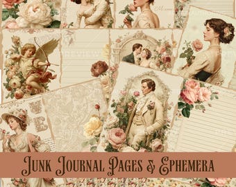 Shabby Chic Vintage Valentine Junk Journal Papers and Ephemera | Romantic Roses, Victorian Couples, Tags & Backgrounds