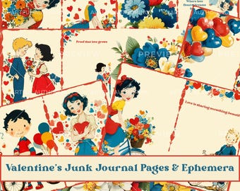 Könnte beinhalten: Valentinstag Junk Journal Seiten & Ephemera. Eine Collage von Illustrationen im Vintage-Stil mit Paaren, Blumen, Herzen und Luftballons. Die Farbpalette umfasst Rot, Blau, Gelb und Creme, mit Textüberlagerungen wie "Proof that love grows."
