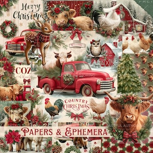 May include: A festive collage with Christmas imagery. It includes a red vintage truck, deer, rooster, cows, and chickens, decorated with wreaths and bows. Text includes "Merry Christmas," "Country Christmas," and "Papers & Ephemera."