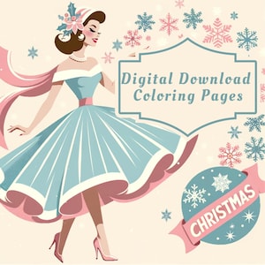 Retro 1950s Christmas Fashion Coloring Pages – Vintage Holiday Women, Ice Skating, Shopping & Festive Scenes – Adult Coloring Book Printable