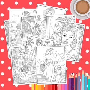 Summer Nostalgia 1950s Retro Coloring Pages of Fashionable Women, Travel, and Beaches – Vintage, Poolside, Instant Download, Print and Color