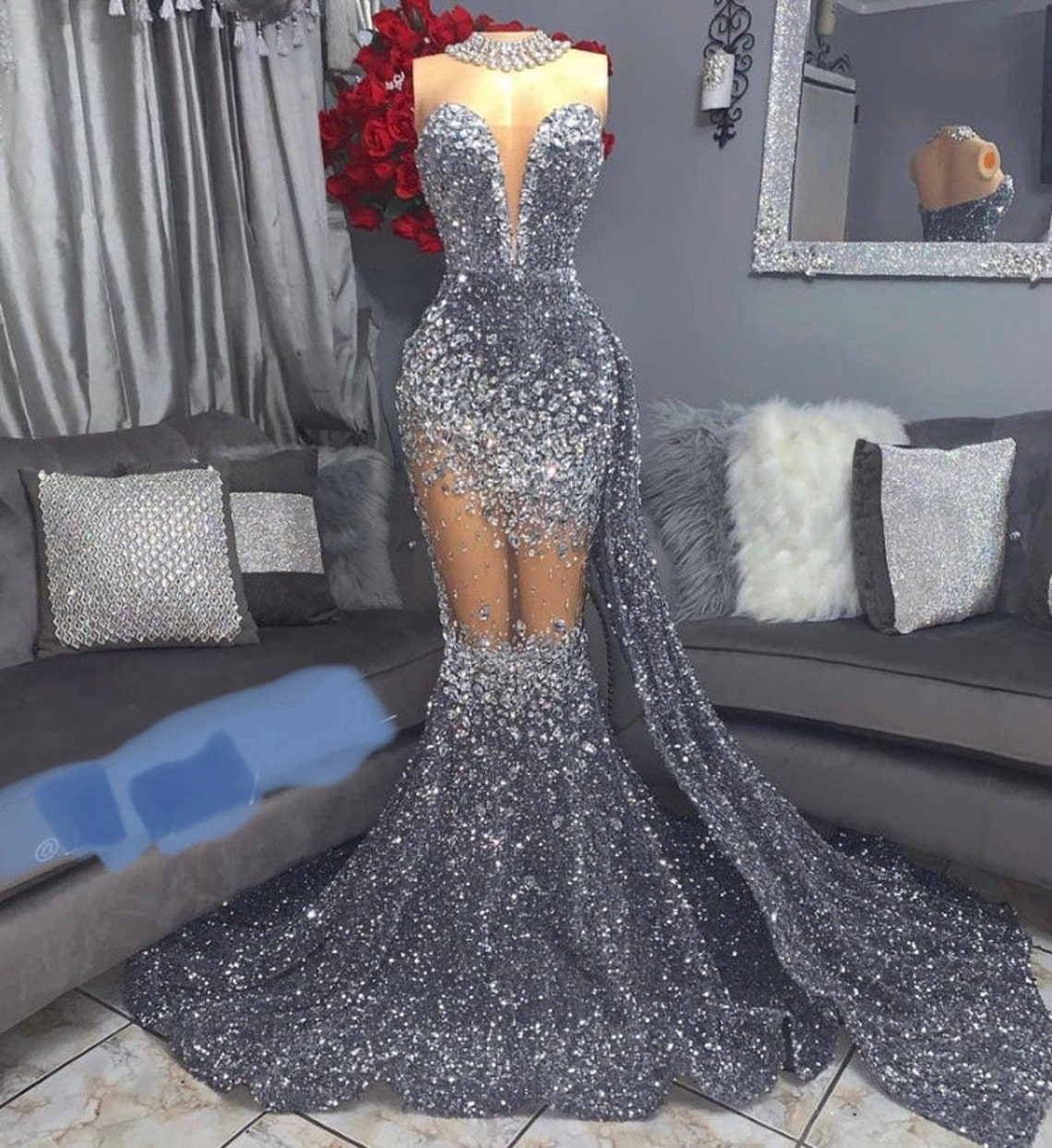 Long Fitted Prom Sequins Velvet Silver Mermaid Sequins Prom - Etsy