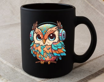 Cute Colorful Owl Wearing Headphones Coffee Mug, Owl coffee cup, black coffee cup, 11oz coffee mug, animal coffee mugs, bird coffee cup