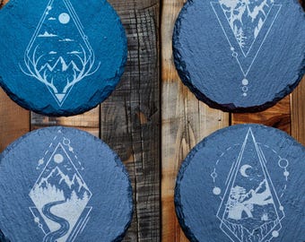 Laser Engraved Slate Coasters Set | Rustic Mountain Forest Design