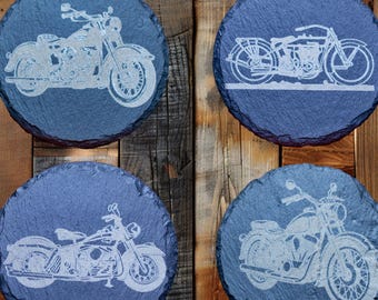 Vintage Motorcycle Slate Coasters | Laser Engraved Biker Bar Decor, Set of 4
