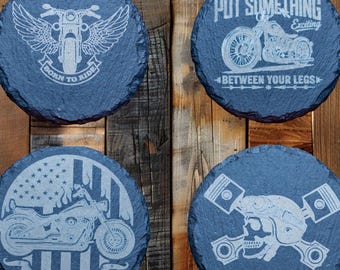 Laser Engraved Motorcycle Slate Coasters | Biker Bar Man Cave Decor